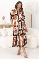 Addax Midi Dress - Collared Button Down Dress with Bell Sleeves and Ruffle Hem in Zuni Print