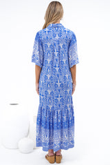 Addax Midi Dress - Collared Button Down Dress with Bell Sleeves and Ruffle Hem in Melina Print