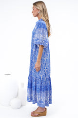 Addax Midi Dress - Collared Button Down Dress with Bell Sleeves and Ruffle Hem in Melina Print