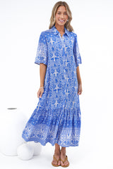 Addax Midi Dress - Collared Button Down Dress with Bell Sleeves and Ruffle Hem in Melina Print