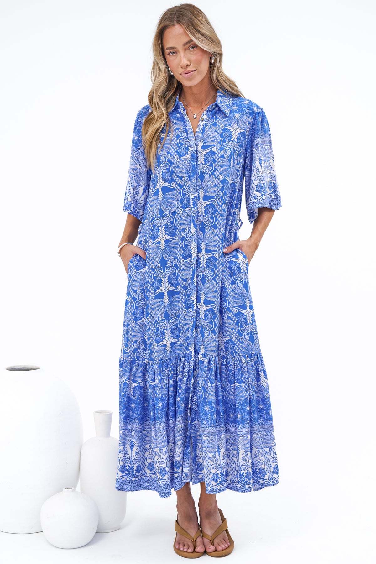 Addax Midi Dress - Collared Button Down Dress with Bell Sleeves and Ruffle Hem in Melina Print