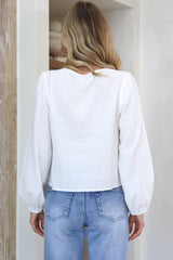 Addison Top - Cotton Tie Down Pleated Front Long Sleeve Top in White