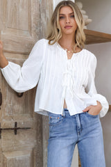 Addison Top - Cotton Tie Down Pleated Front Long Sleeve Top in White