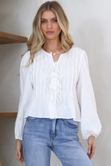 Addison Top - Cotton Tie Down Pleated Front Long Sleeve Top in White