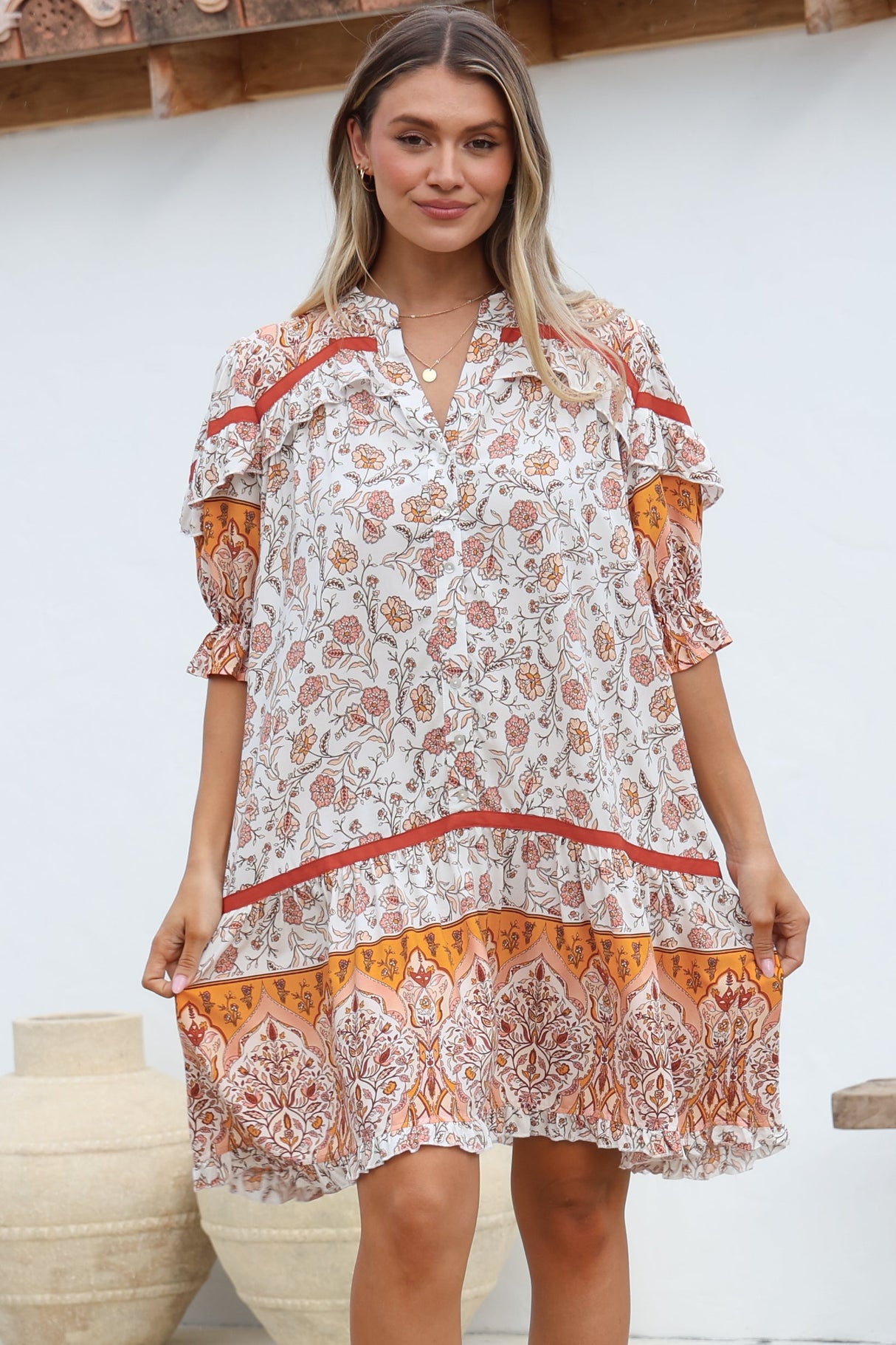 JAASE - Addy Mini Dress: Statement Balloon Sleeve Button Down Dress in Quincy Print