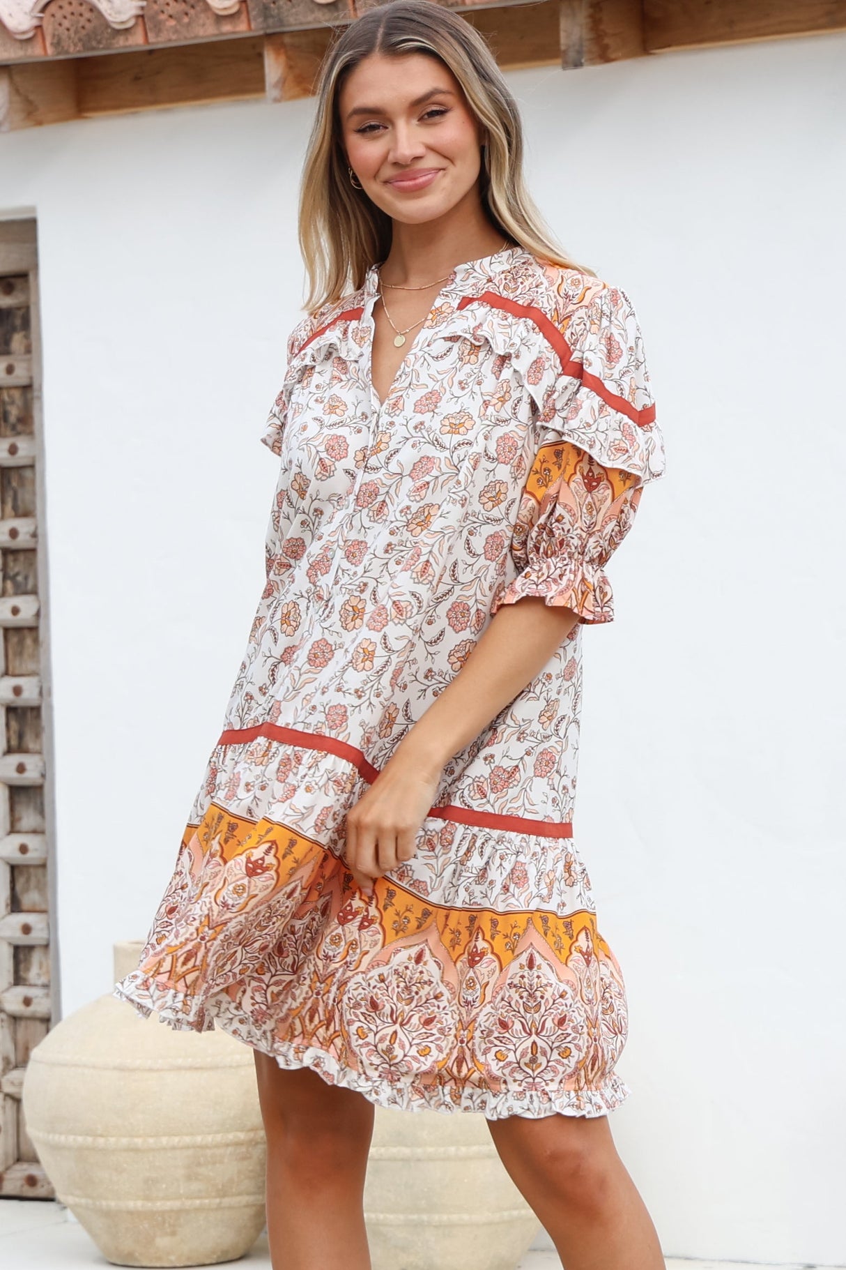 JAASE - Addy Mini Dress: Statement Balloon Sleeve Button Down Dress in Quincy Print