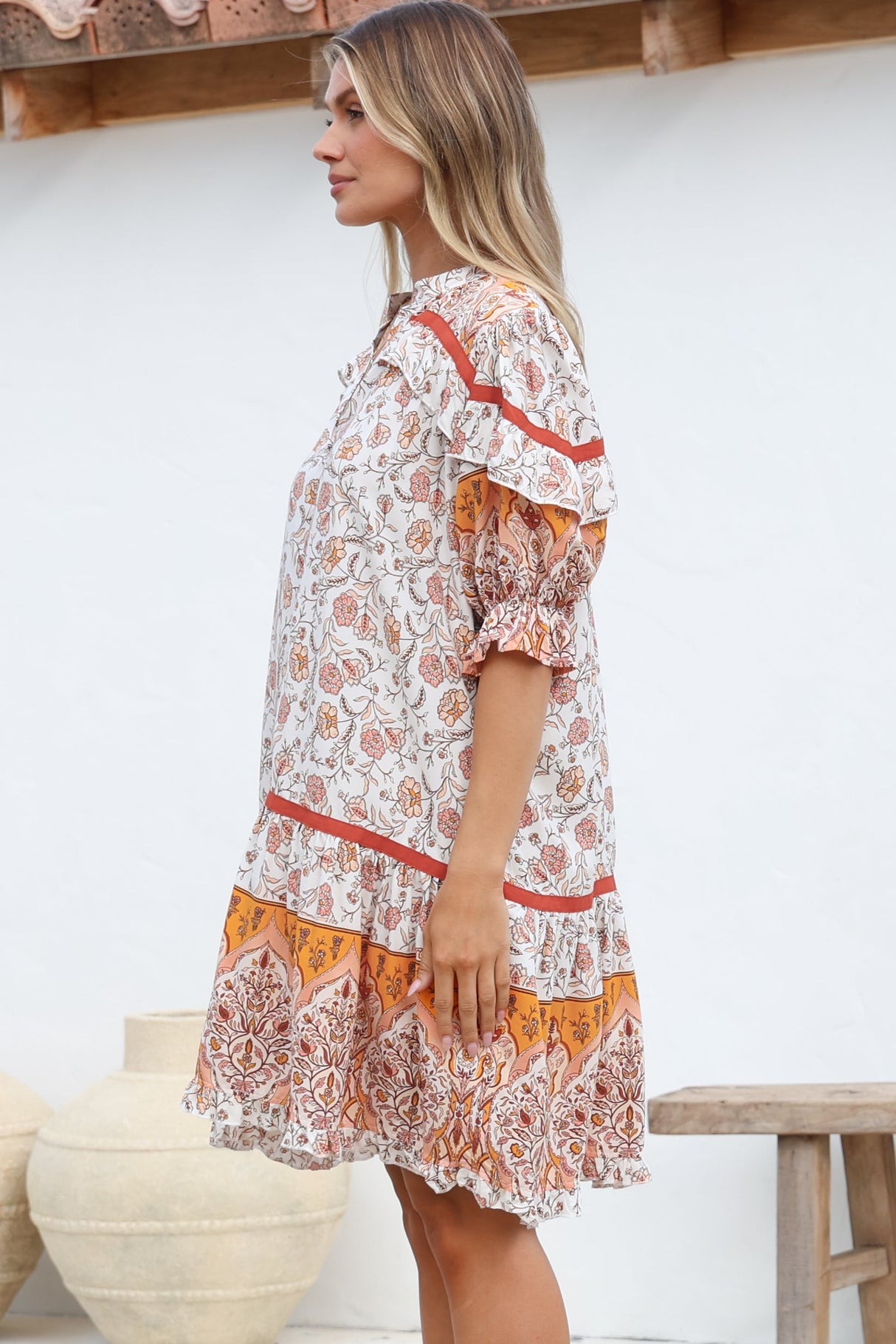 JAASE - Addy Mini Dress: Statement Balloon Sleeve Button Down Dress in Quincy Print