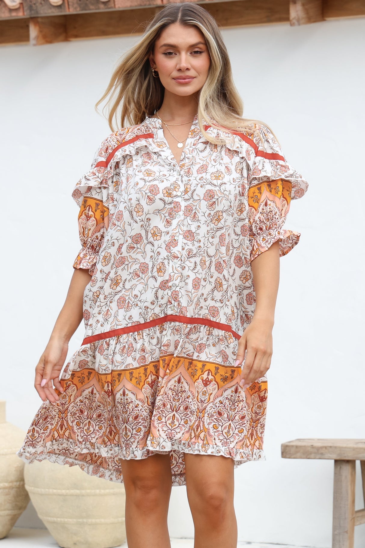 JAASE - Addy Mini Dress: Statement Balloon Sleeve Button Down Dress in Quincy Print