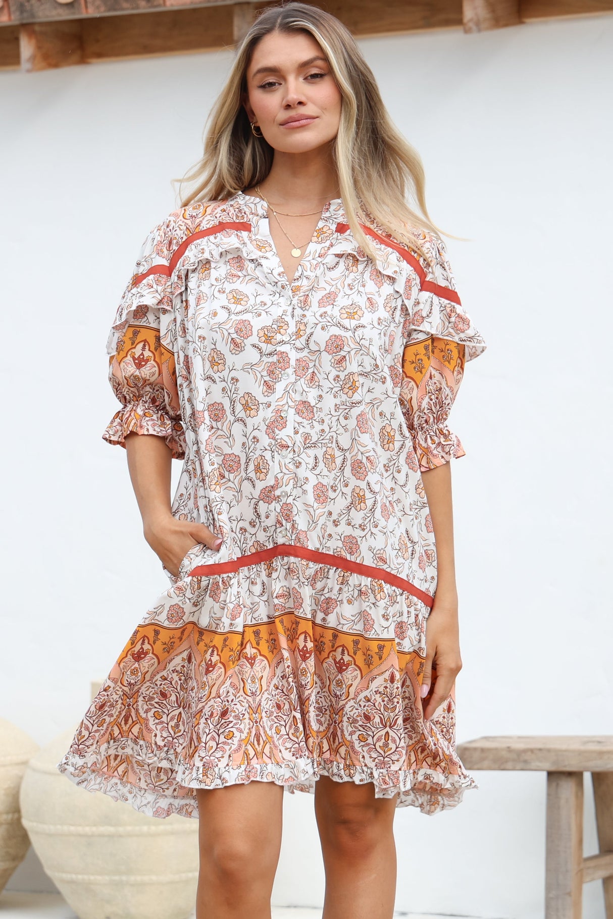 JAASE - Addy Mini Dress: Statement Balloon Sleeve Button Down Dress in Quincy Print