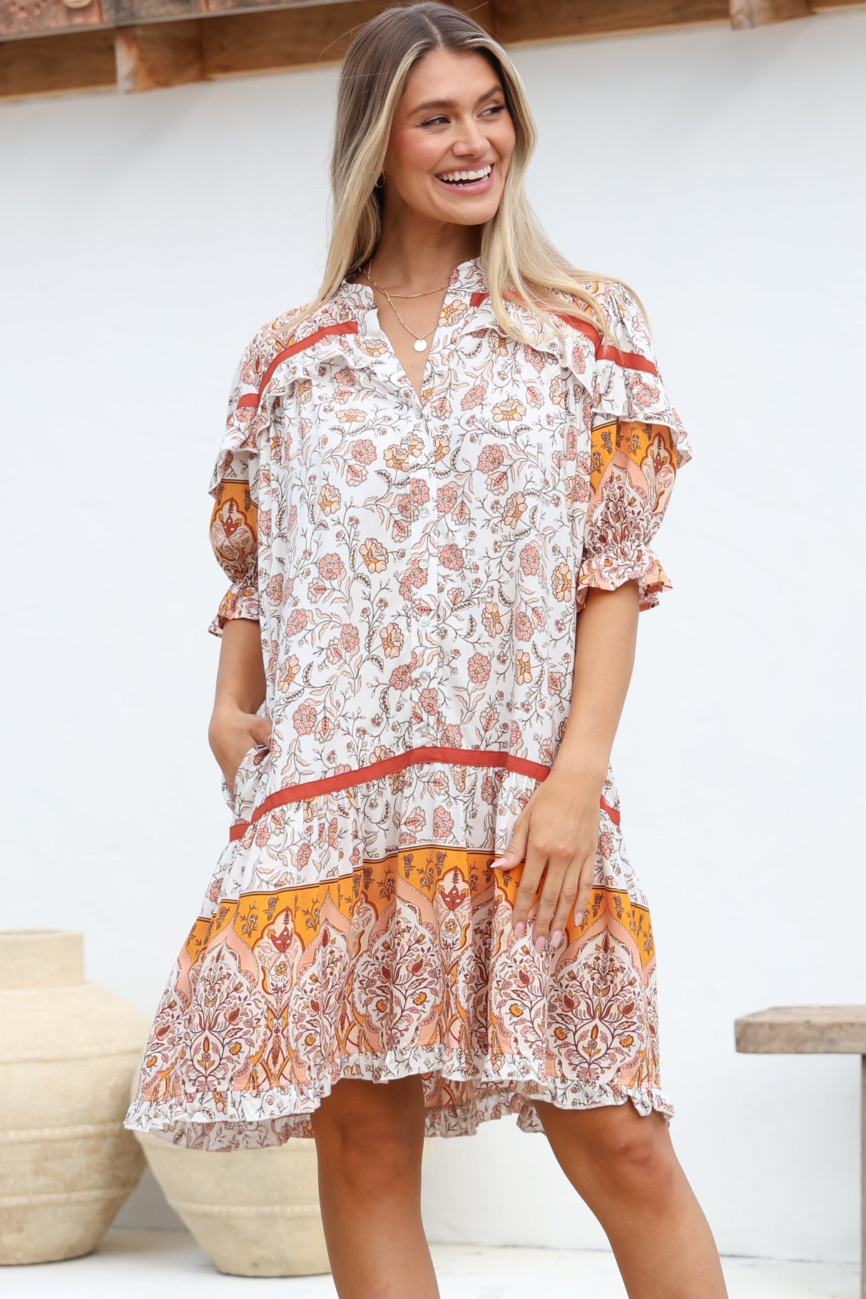 JAASE - Addy Mini Dress: Statement Balloon Sleeve Button Down Dress in Quincy Print