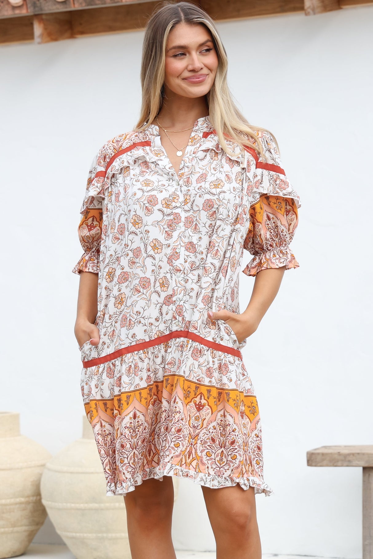 JAASE - Addy Mini Dress: Statement Balloon Sleeve Button Down Dress in Quincy Print
