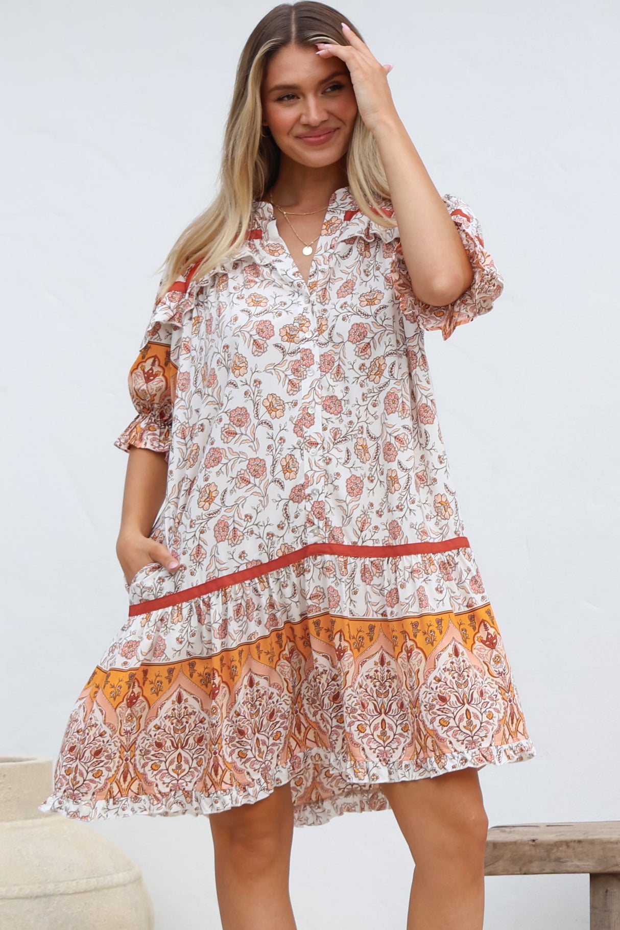 JAASE - Addy Mini Dress: Statement Balloon Sleeve Button Down Dress in Quincy Print