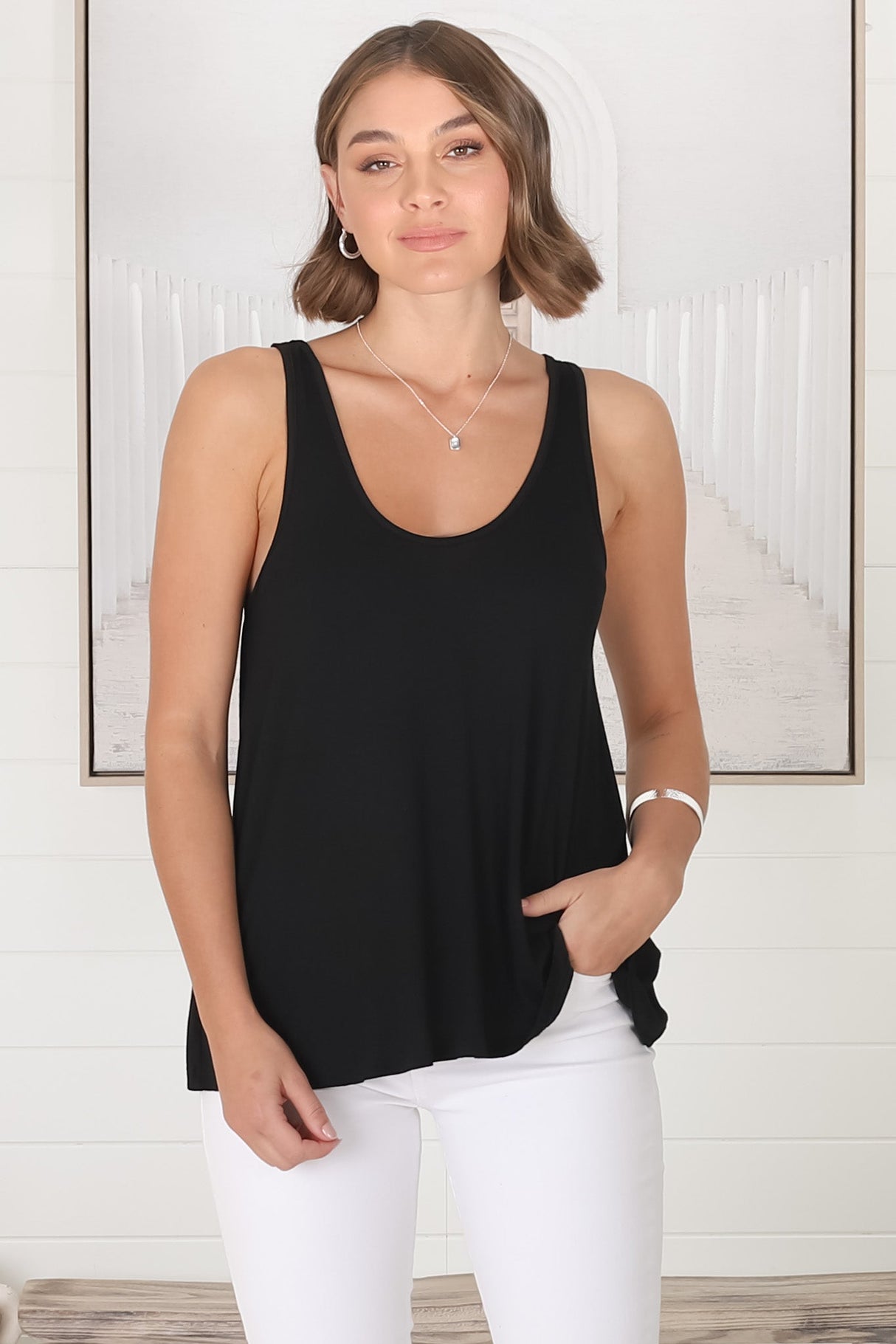 Adel Tank Top - Crew Neck Relaxed Tank Top in Black