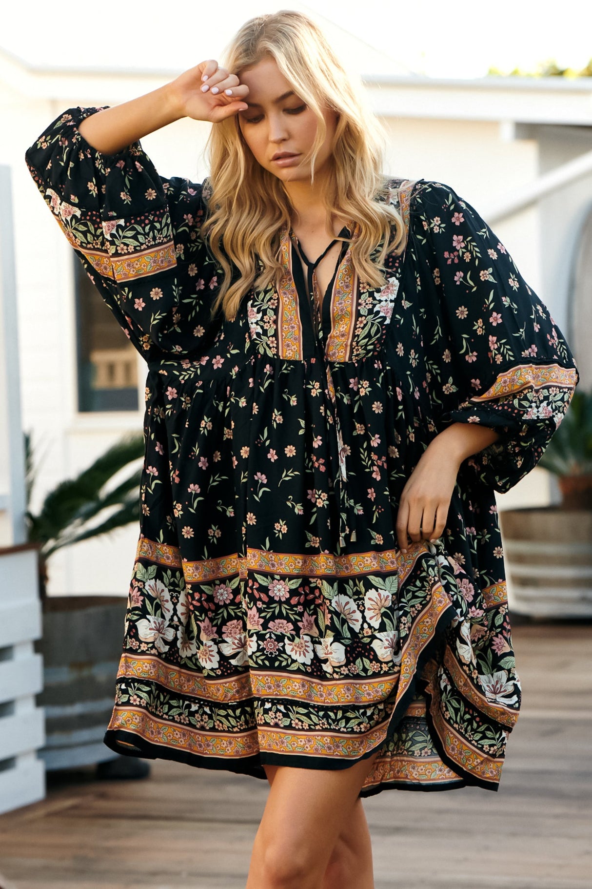 JAASE - Adela Mini Dress: Oversized Smock Dress with Batwing Sleeves in Eternity Print