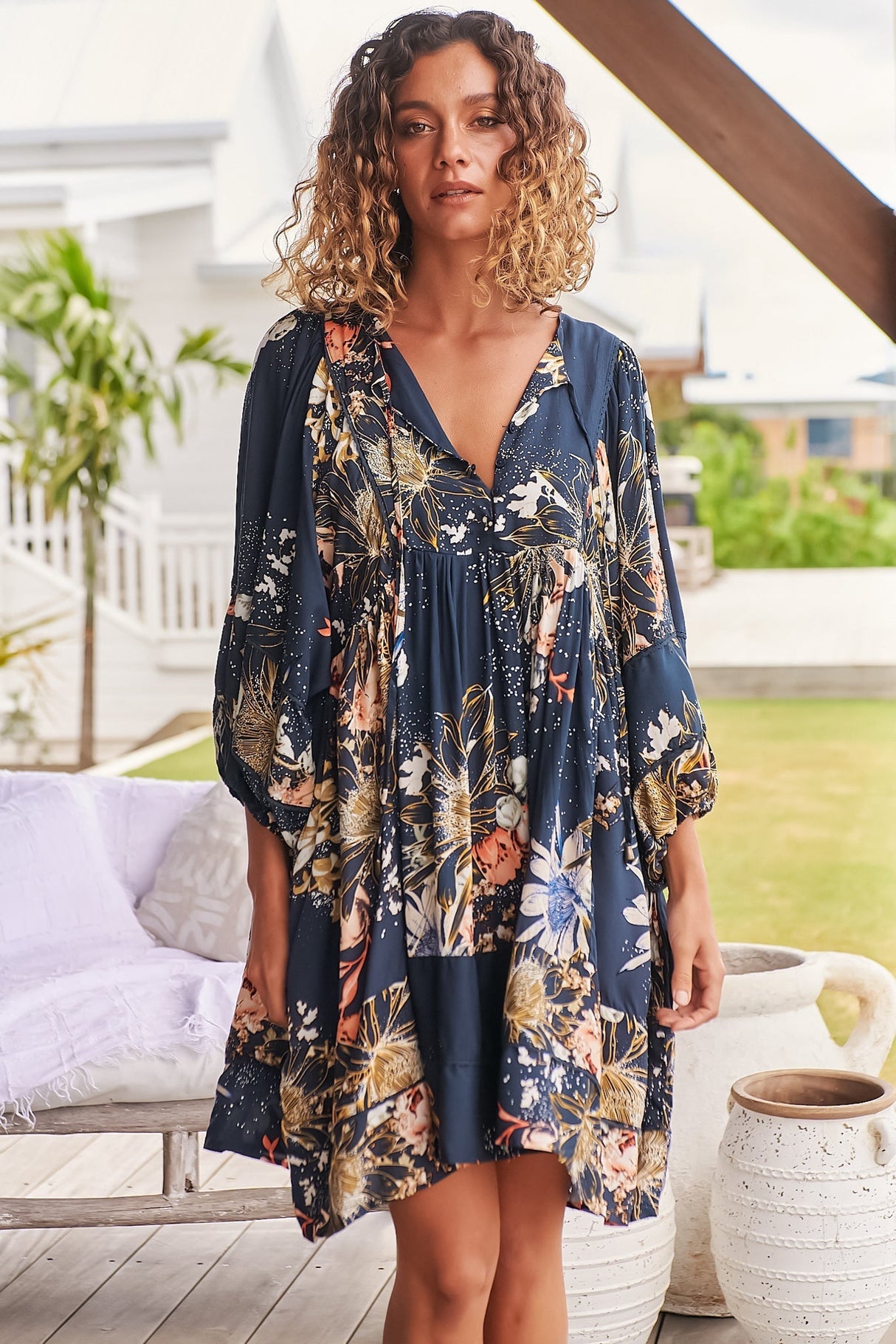 JAASE - Adela Mini Dress: Oversized Smock Dress with Batwing Sleeves in Indigo Print