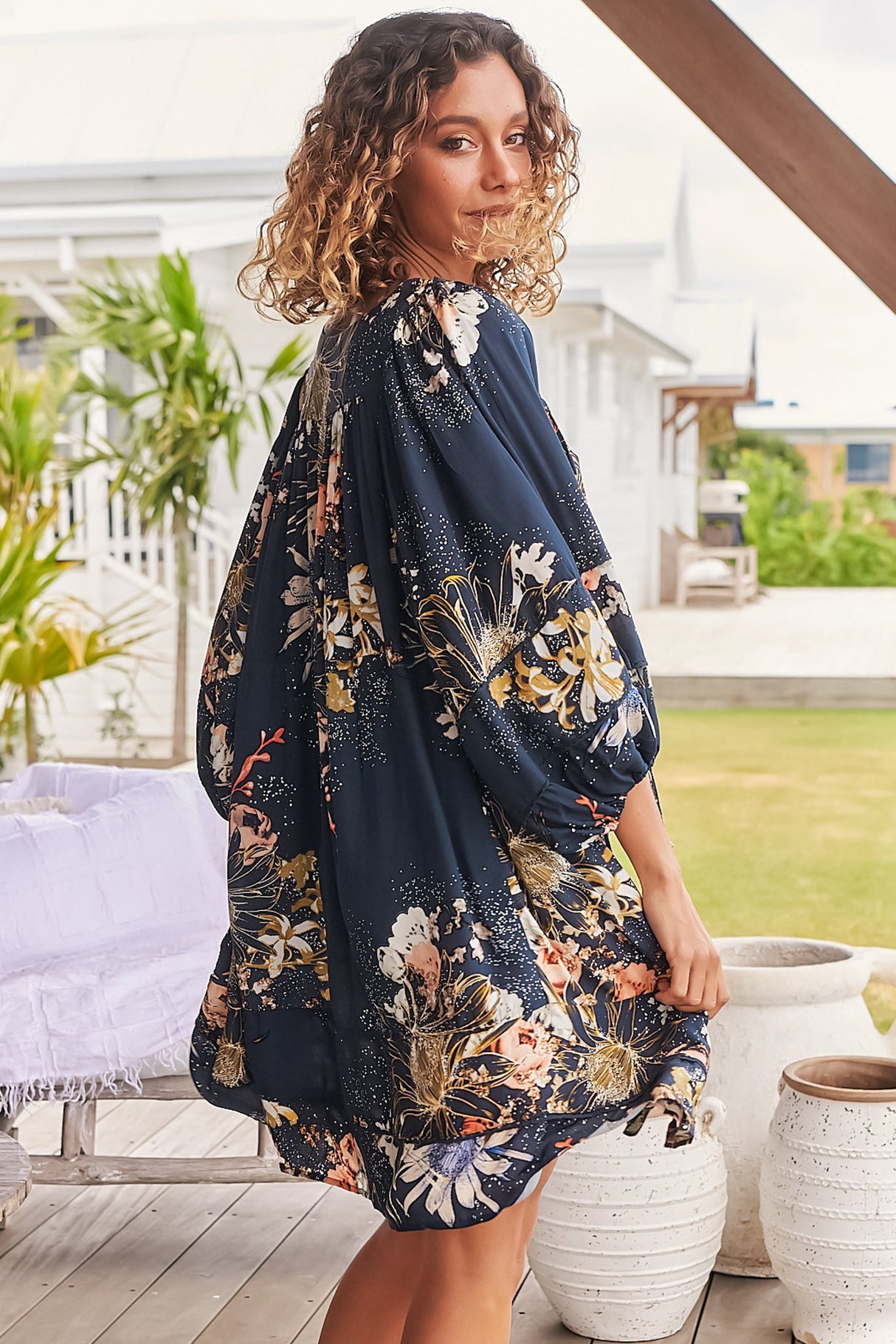 JAASE - Adela Mini Dress: Oversized Smock Dress with Batwing Sleeves in Indigo Print