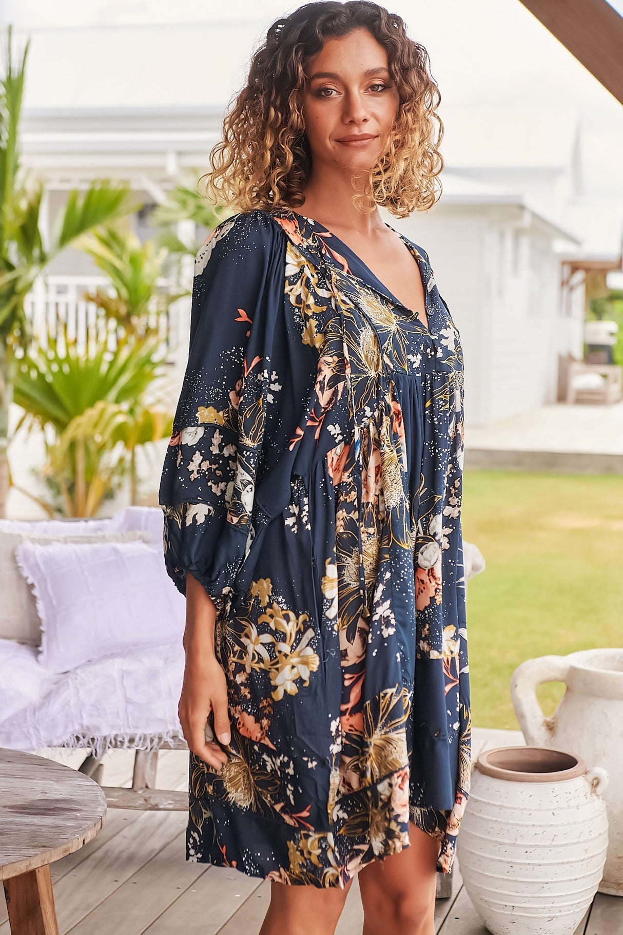 JAASE - Adela Mini Dress: Oversized Smock Dress with Batwing Sleeves in Indigo Print