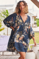 JAASE - Adela Mini Dress: Oversized Smock Dress with Batwing Sleeves in Indigo Print