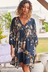 JAASE - Adela Mini Dress: Oversized Smock Dress with Batwing Sleeves in Indigo Print