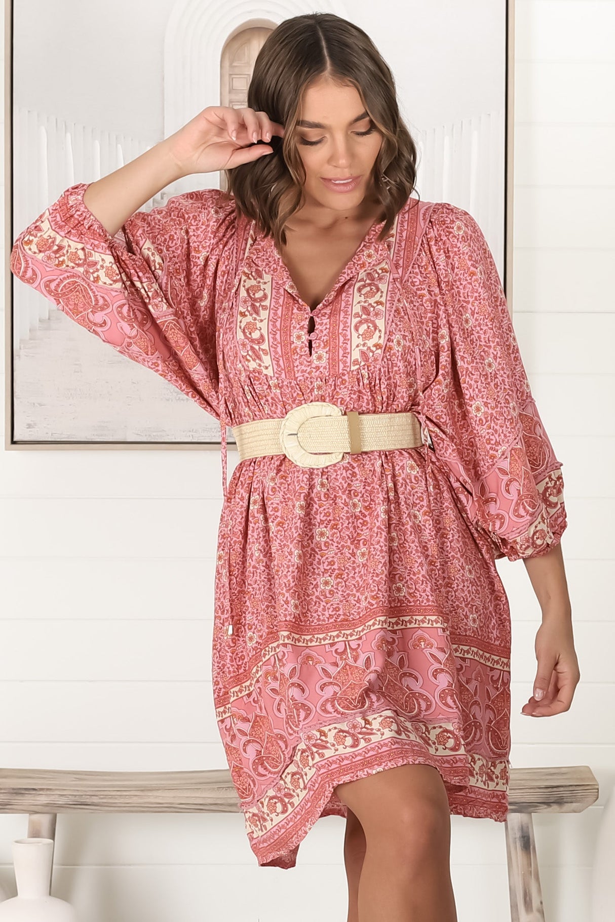 JAASE - Adela Mini Dress: Oversized Smock Dress with Batwing Sleeves in Strawberries and Cream Print