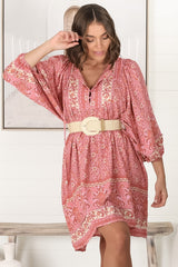 JAASE - Adela Mini Dress: Oversized Smock Dress with Batwing Sleeves in Strawberries and Cream Print