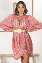 JAASE - Adela Mini Dress: Oversized Smock Dress with Batwing Sleeves in Strawberries and Cream Print