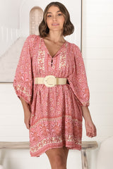 JAASE - Adela Mini Dress: Oversized Smock Dress with Batwing Sleeves in Strawberries and Cream Print