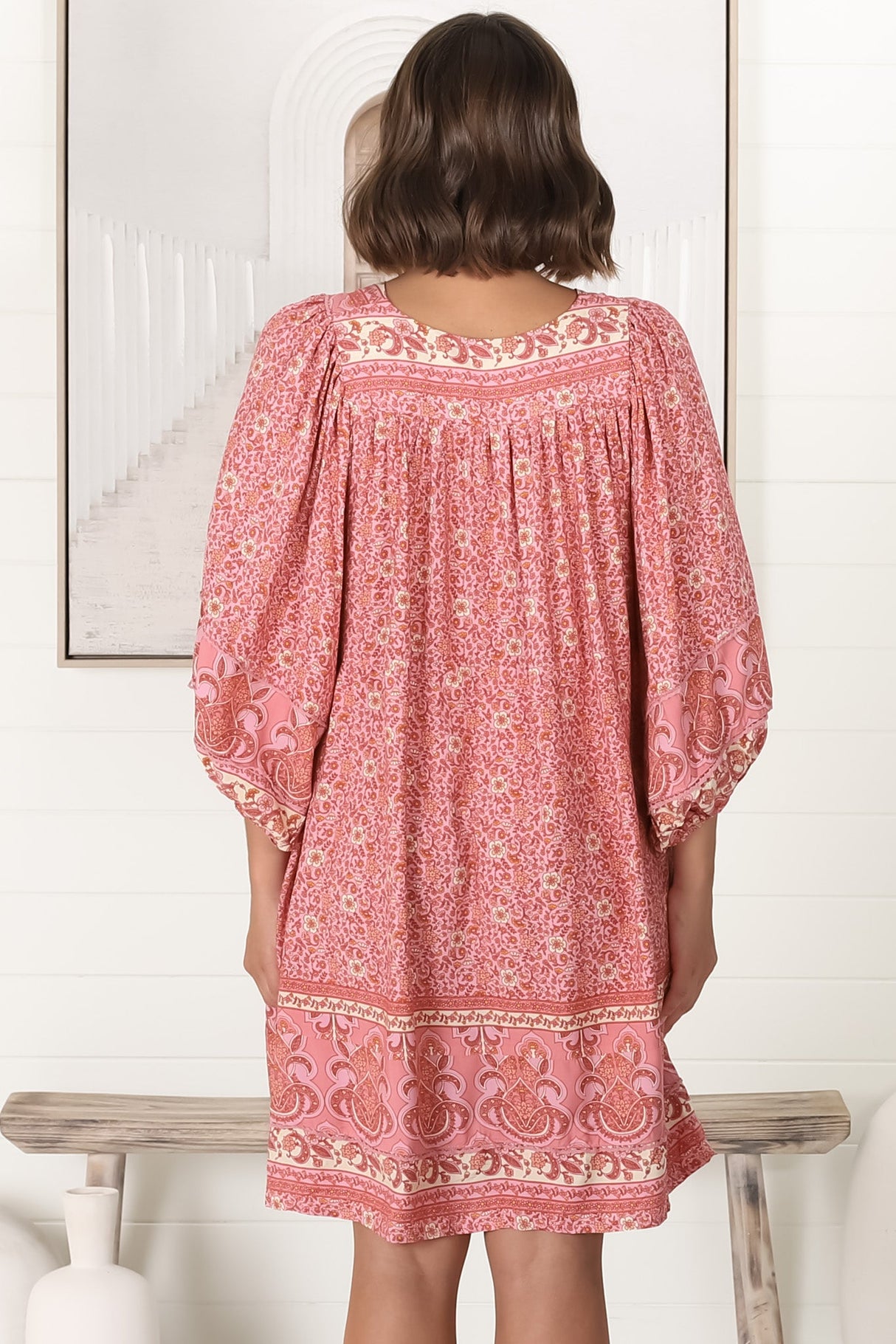 JAASE - Adela Mini Dress: Oversized Smock Dress with Batwing Sleeves in Strawberries and Cream Print
