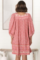JAASE - Adela Mini Dress: Oversized Smock Dress with Batwing Sleeves in Strawberries and Cream Print