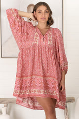 JAASE - Adela Mini Dress: Oversized Smock Dress with Batwing Sleeves in Strawberries and Cream Print