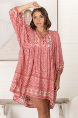 JAASE - Adela Mini Dress: Oversized Smock Dress with Batwing Sleeves in Strawberries and Cream Print