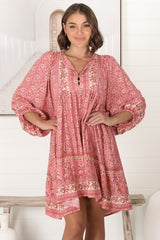 JAASE - Adela Mini Dress: Oversized Smock Dress with Batwing Sleeves in Strawberries and Cream Print