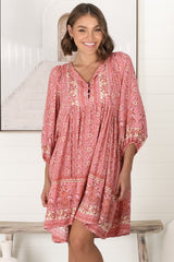 JAASE - Adela Mini Dress: Oversized Smock Dress with Batwing Sleeves in Strawberries and Cream Print