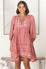 JAASE - Adela Mini Dress: Oversized Smock Dress with Batwing Sleeves in Strawberries and Cream Print