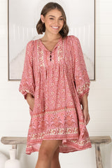 JAASE - Adela Mini Dress: Oversized Smock Dress with Batwing Sleeves in Strawberries and Cream Print