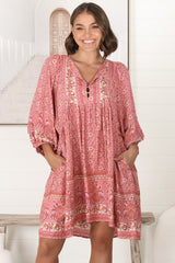 JAASE - Adela Mini Dress: Oversized Smock Dress with Batwing Sleeves in Strawberries and Cream Print