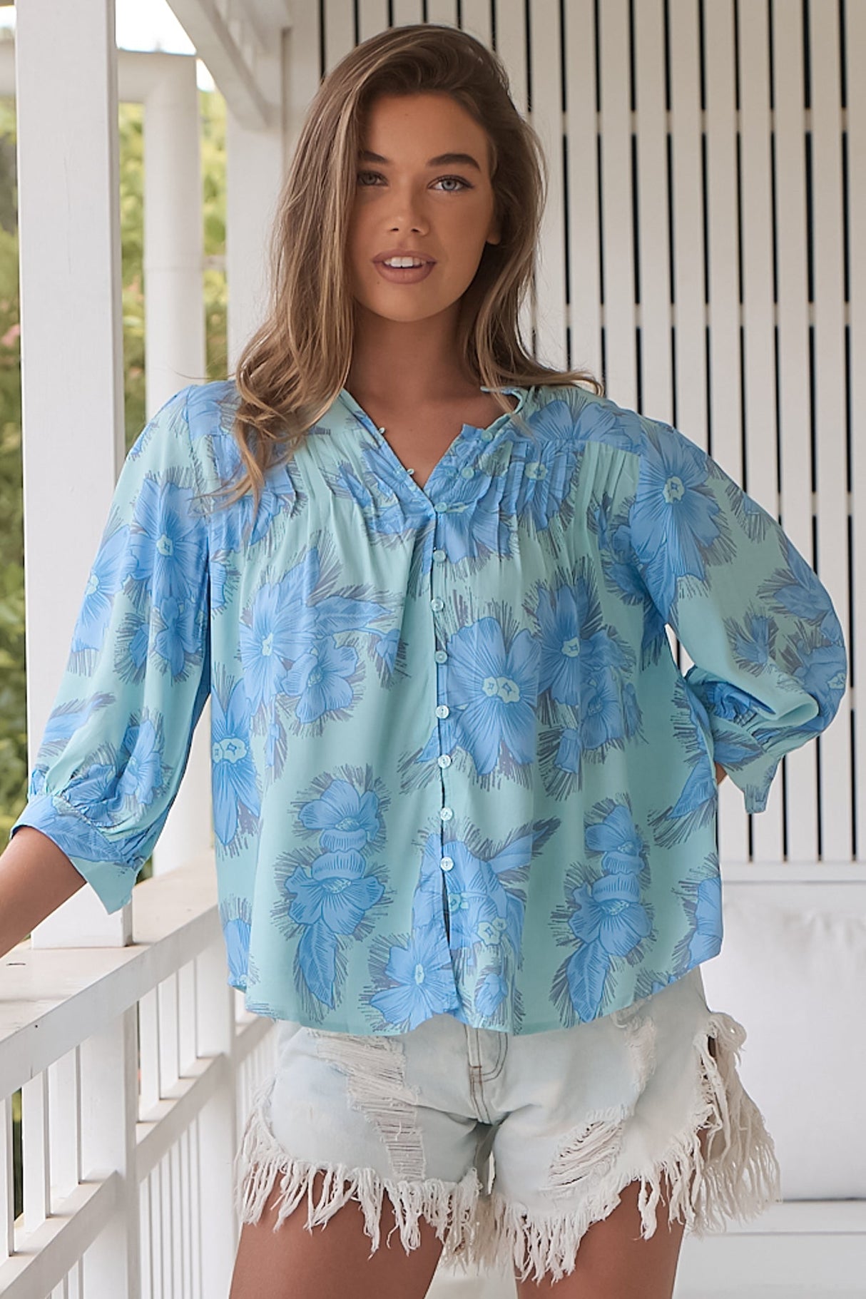 JAASE - Adela Blouse: Pleated Collar Bone Line Button Down Blouse in Summer Song Print