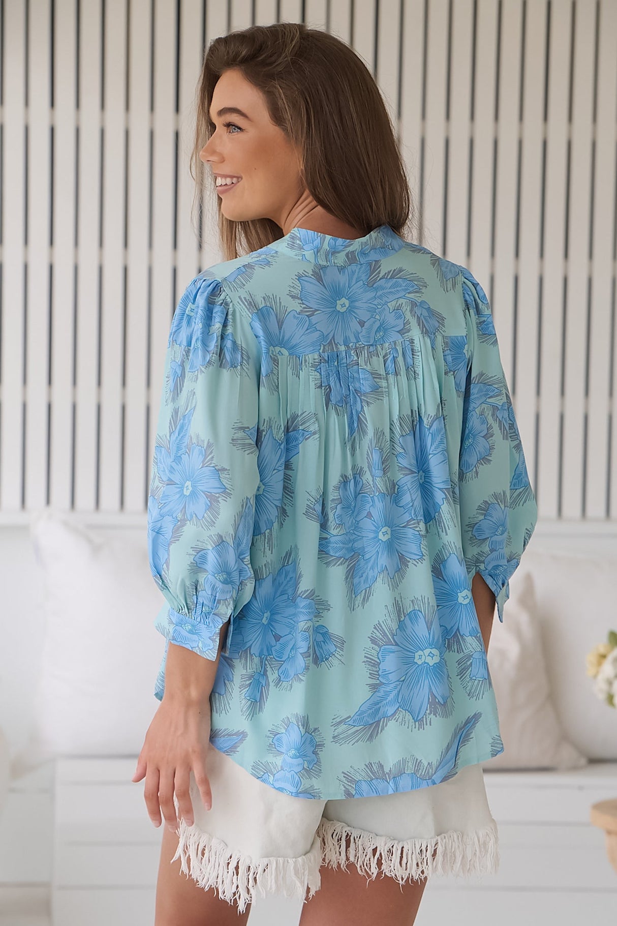 JAASE - Adela Blouse: Pleated Collar Bone Line Button Down Blouse in Summer Song Print