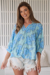 JAASE - Adela Blouse: Pleated Collar Bone Line Button Down Blouse in Summer Song Print