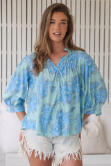 JAASE - Adela Blouse: Pleated Collar Bone Line Button Down Blouse in Summer Song Print