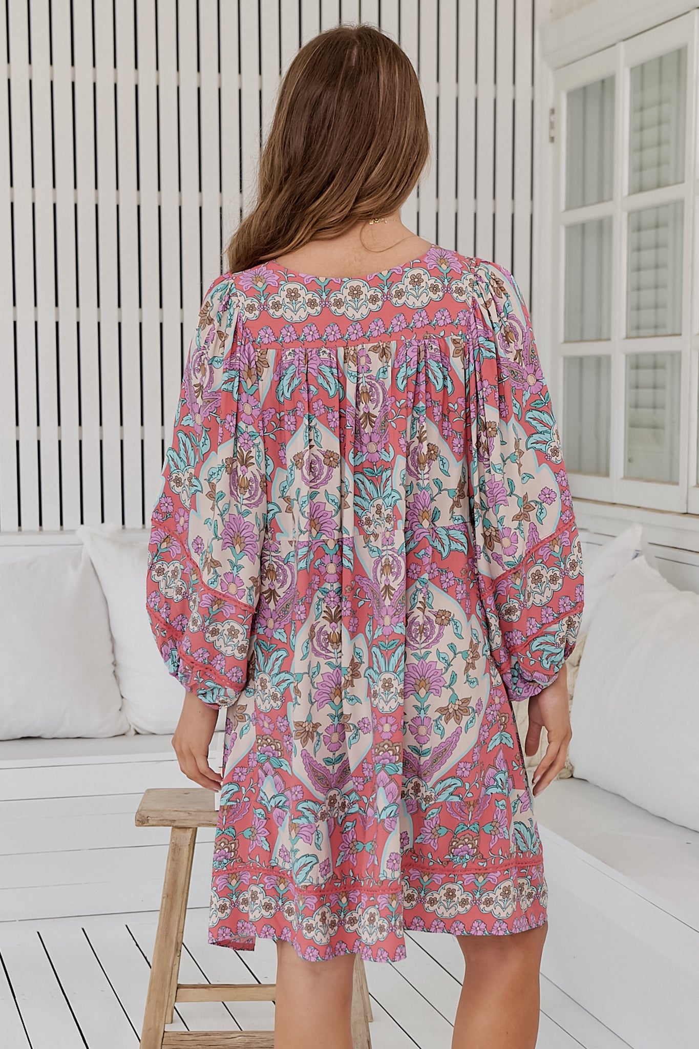 JAASE - Adela Mini Dress: Oversized Smock Dress with Batwing Sleeves in Daiquiri Print