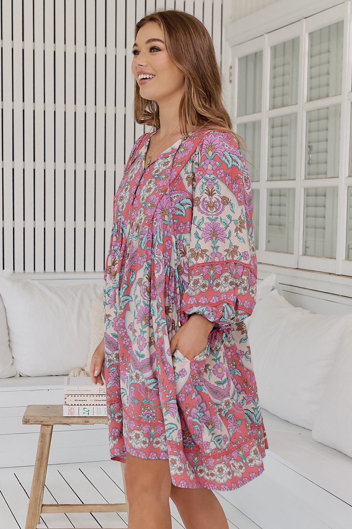 JAASE - Adela Mini Dress: Oversized Smock Dress with Batwing Sleeves in Daiquiri Print