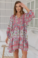 JAASE - Adela Mini Dress: Oversized Smock Dress with Batwing Sleeves in Daiquiri Print