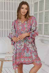 JAASE - Adela Mini Dress: Oversized Smock Dress with Batwing Sleeves in Daiquiri Print