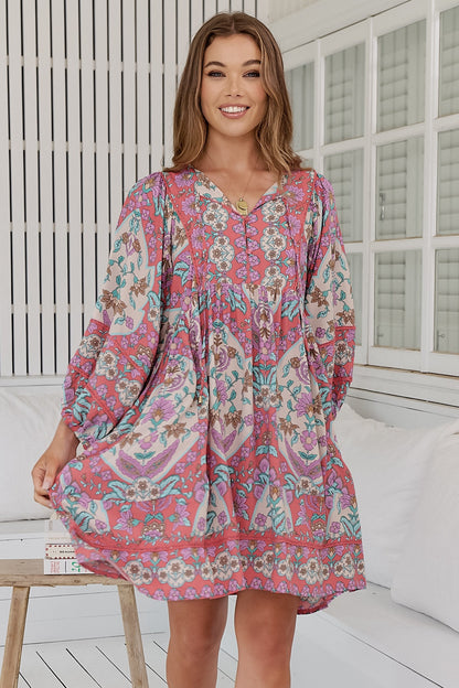 JAASE - Adela Mini Dress: Oversized Smock Dress with Batwing Sleeves in Daiquiri Print