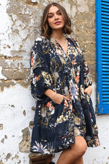 JAASE - Adela Mini Dress: Oversized Smock Dress with Batwing Sleeves in Indigo Print