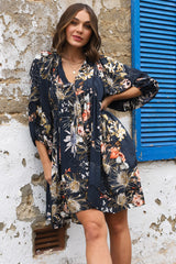 JAASE - Adela Mini Dress: Oversized Smock Dress with Batwing Sleeves in Indigo Print