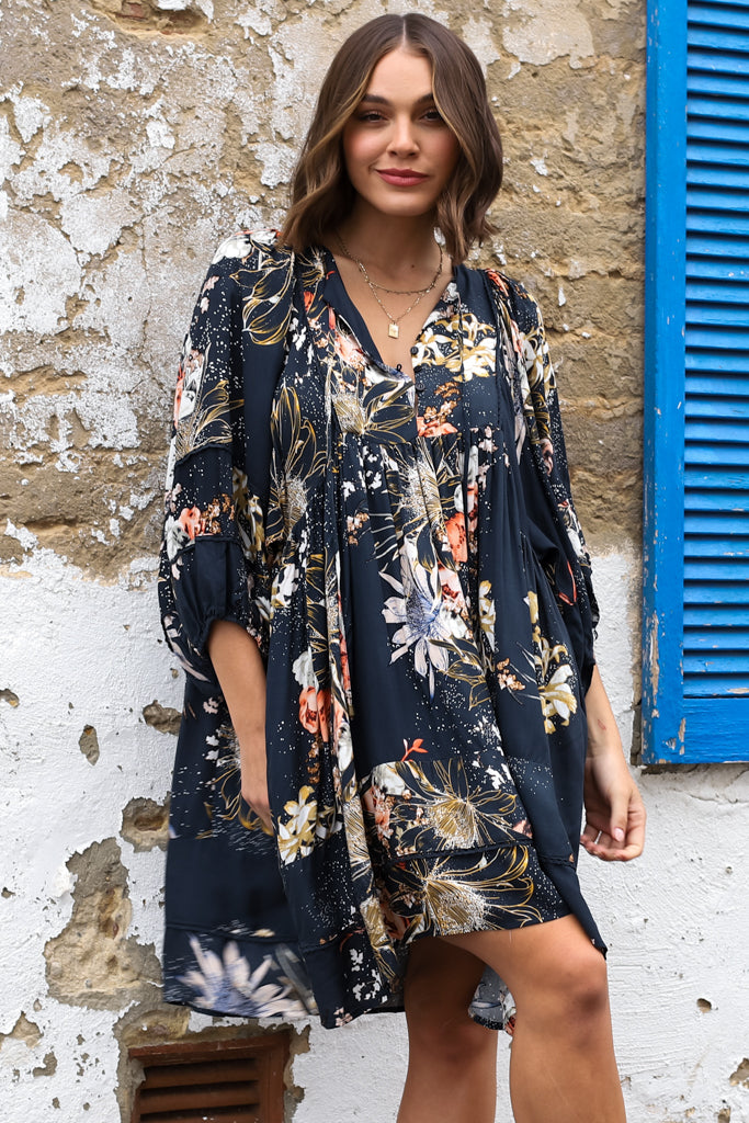 JAASE - Adela Mini Dress: Oversized Smock Dress with Batwing Sleeves in Indigo Print