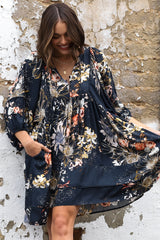 JAASE - Adela Mini Dress: Oversized Smock Dress with Batwing Sleeves in Indigo Print