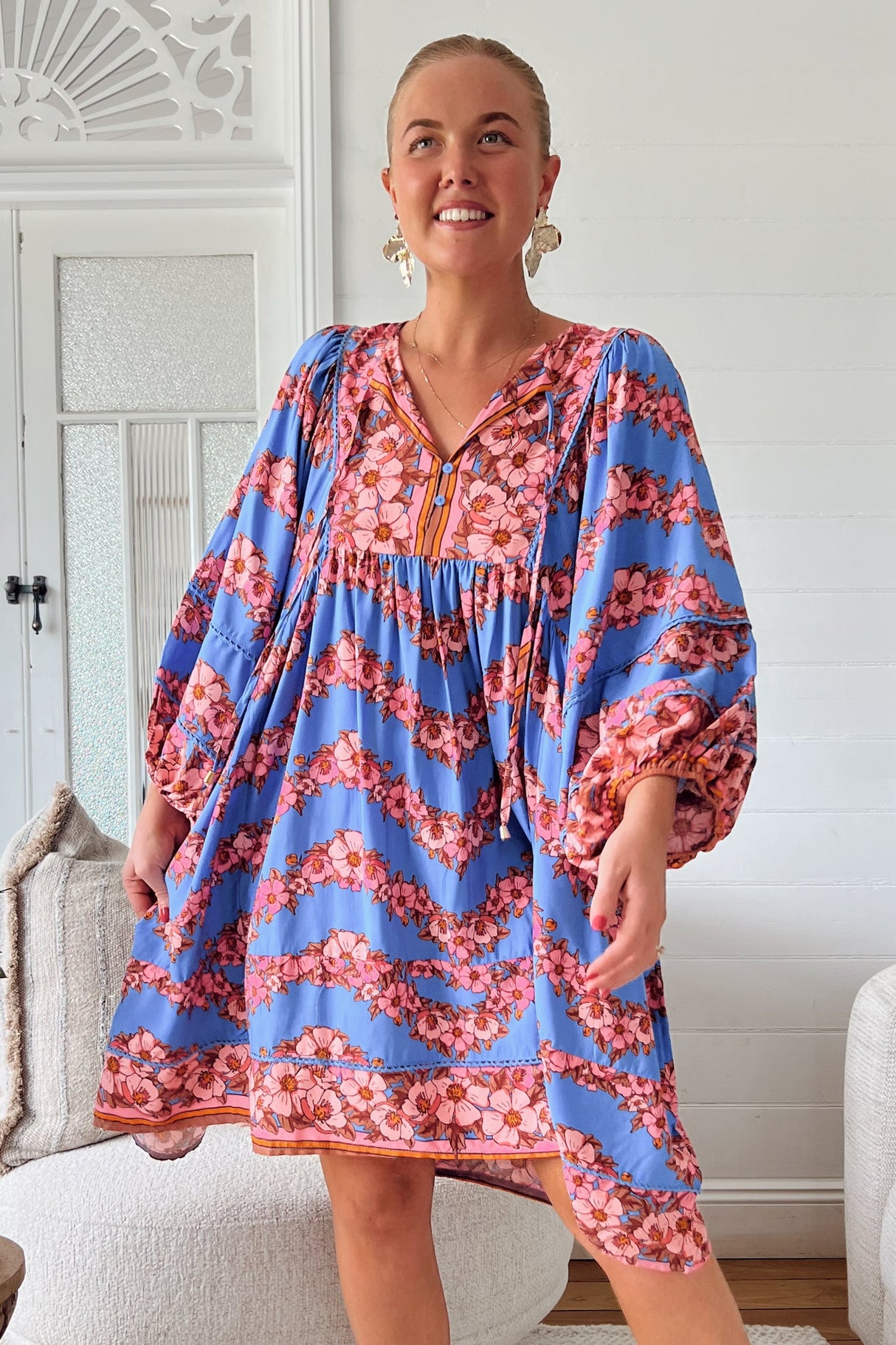 JAASE - Adela Mini Dress: Oversized Smock Dress with Batwing Sleeves in Little Flowers Print